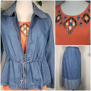 Ruby Rd. 3pc Chambray Denim Coat Skirt & Top - Southwestern Ranch Coastal 10 Med